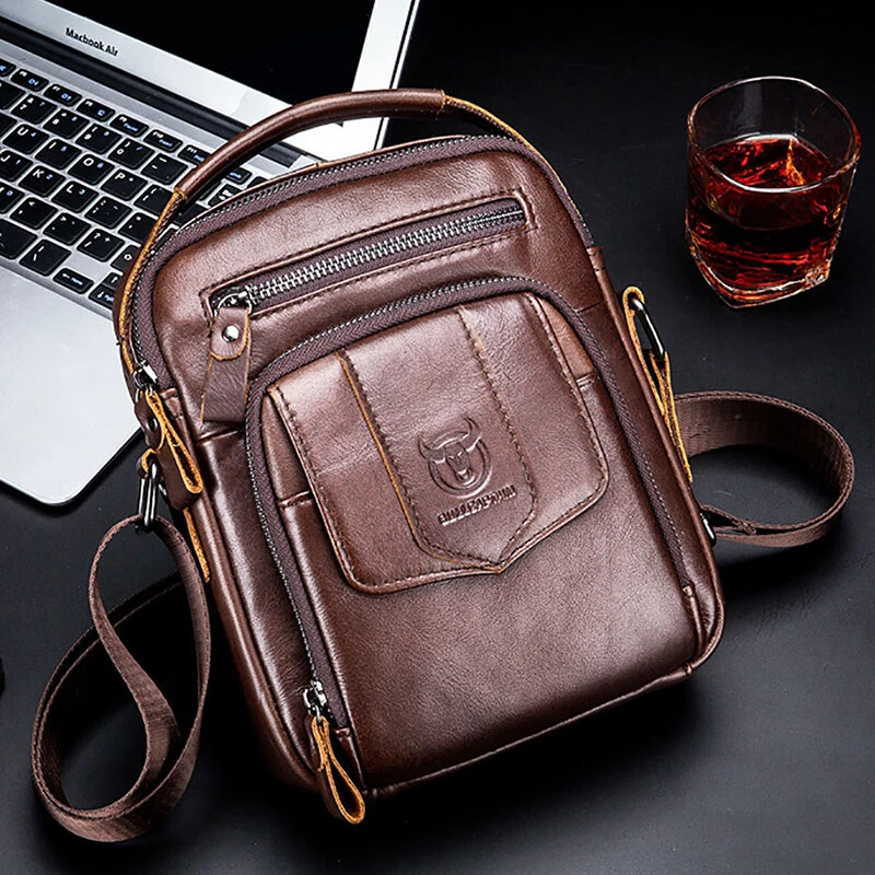 (image for) BULLCAPTAIN Genuine Leather Messenger Bag for Men Adjustable Shoulders Sling Crossbody Bags for Travel Work Business Handbag